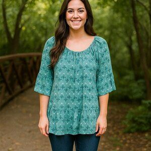 Style & Co 2X Green & Blue Floral 3/4 Bell Sleeve Ruffle Hem Peasant Boho Blouse